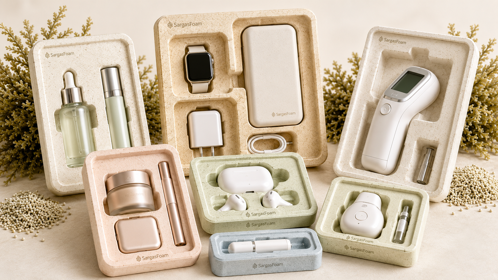 SargasFoam packaging inserts for cosmetics, electronics, medical and other sectors